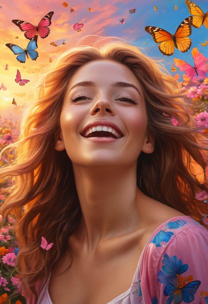 A vibrant and uplifting scene depicting a joyful woman with flowing hair, surrounded by colorful butterflies and blooming flowers, radiating positivity and happiness. The background features a sunrise illuminating a serene landscape, symbolizing new beginnings and opportunities. Incorporate soft, warm colors that evoke feelings of joy and serenity. super-realistic. vibrant colors. dreamy atmosphere.