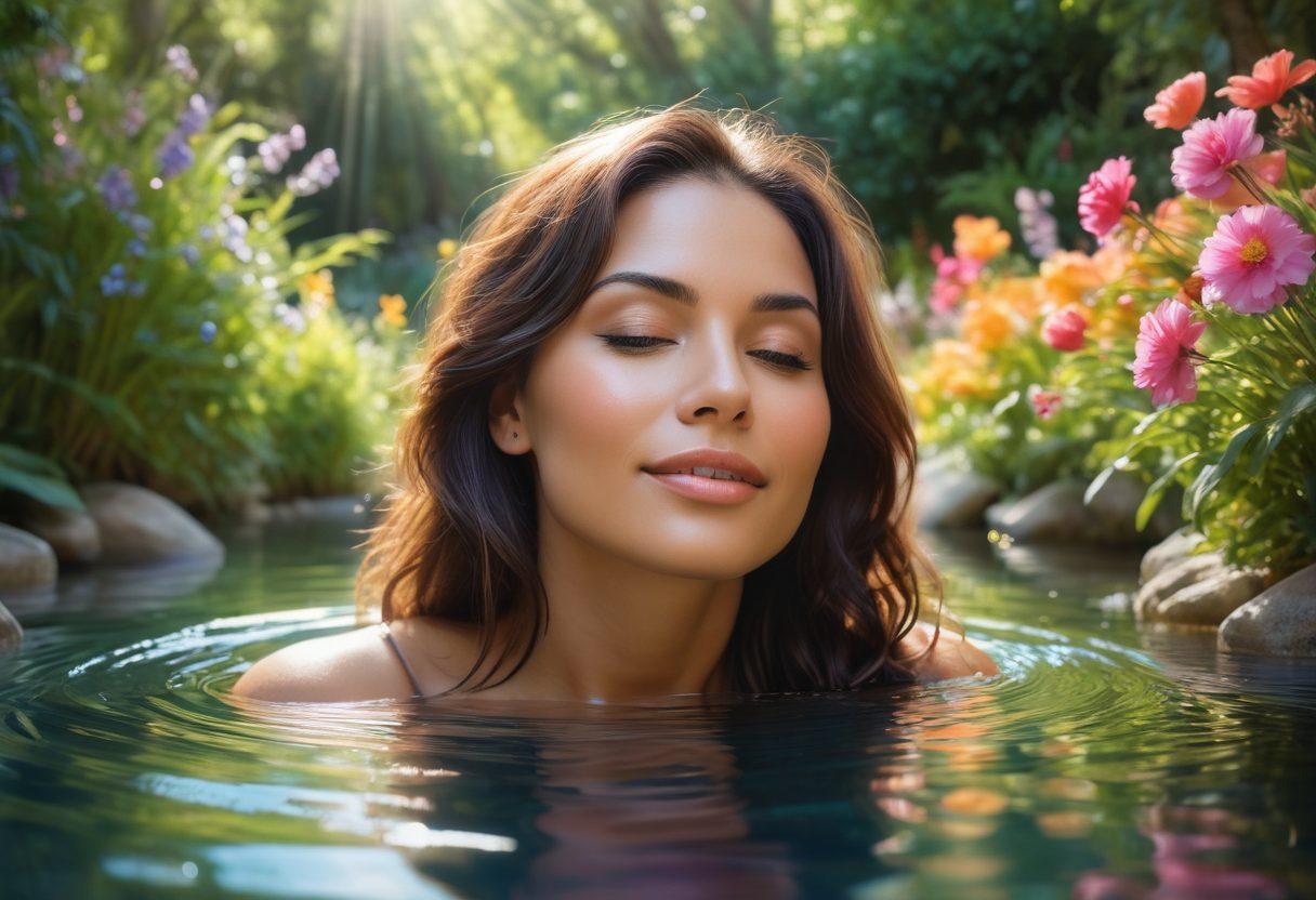 A serene garden with vibrant flowers symbolizing happiness, featuring Racquel Darrian in a thoughtful pose, surrounded by light rays illuminating her insights. Add elements of calming water and soft pastel colors to enhance well-being. super-realistic. bright colors. peaceful atmosphere.